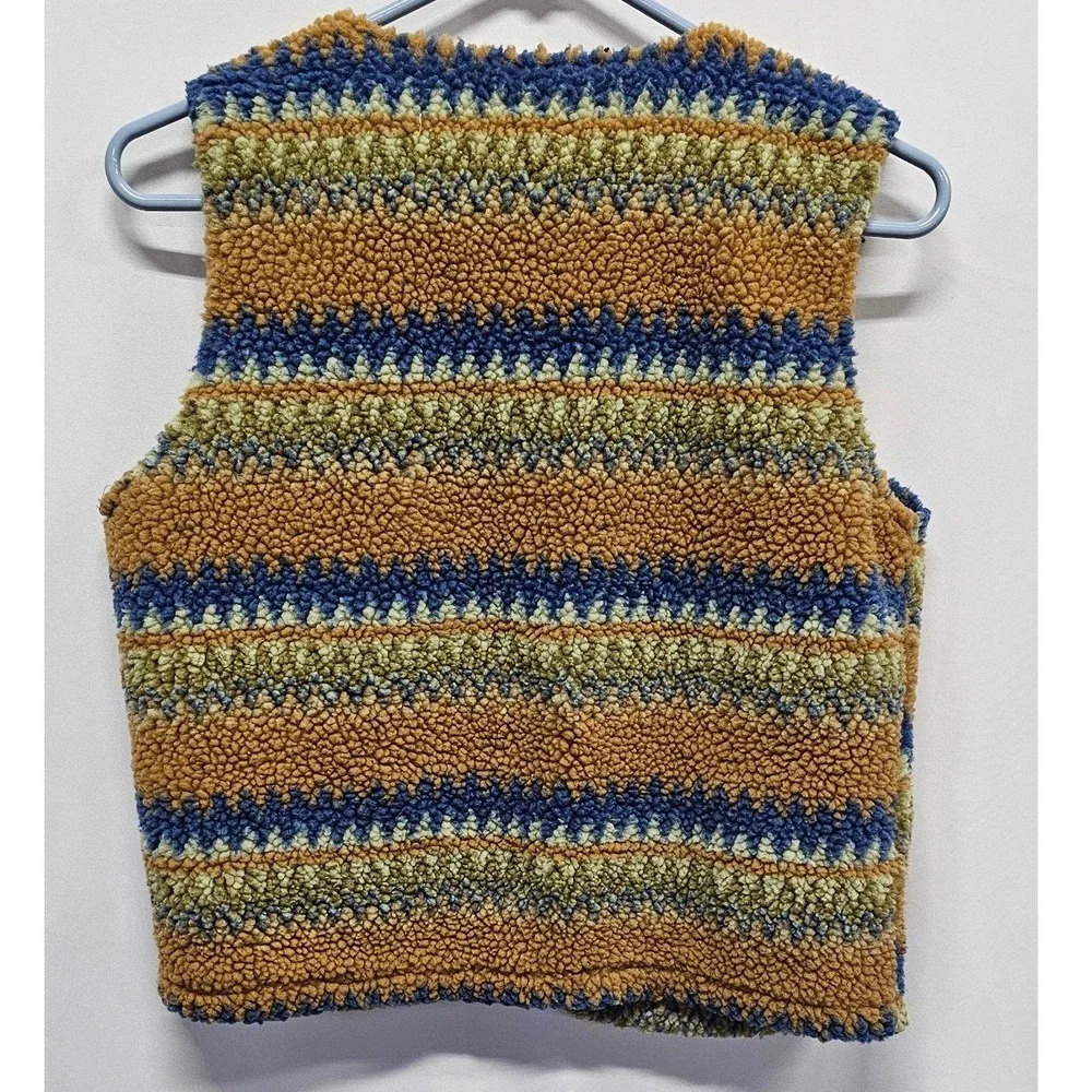 SHEIN Girls Sherpa Fleece Vest Size 12Y‎ Blue Yellow Fair Isle Geometric Borg